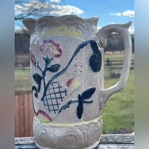 Rare 1880s Antique Victorian English Majolica Pitcher Cream w Lovely Flowers 🌺